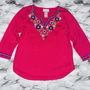 Alfred Dunner 3/4 Sleeve Shirt V-neck Floral Split Shirttail Hem Pink Women PS